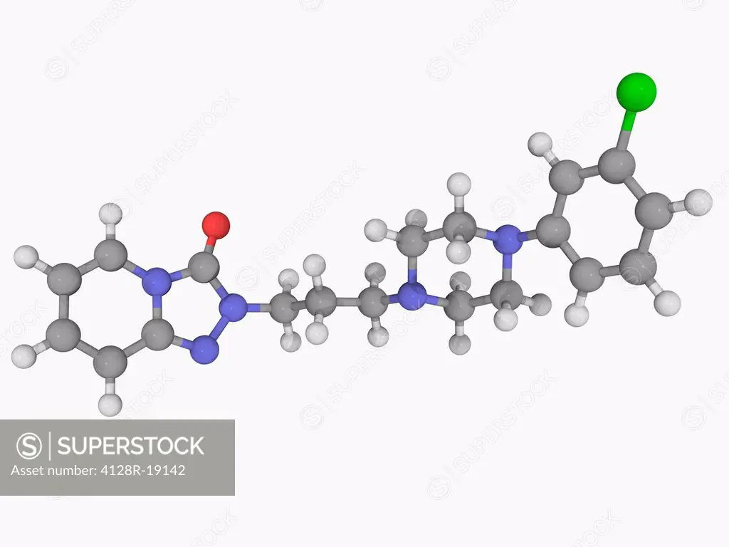 Trazodone, molecular model. Antidepressant of the serotonin antagonist reuptake inhibitor class used to treat depression and insomnia. Atoms are repre...