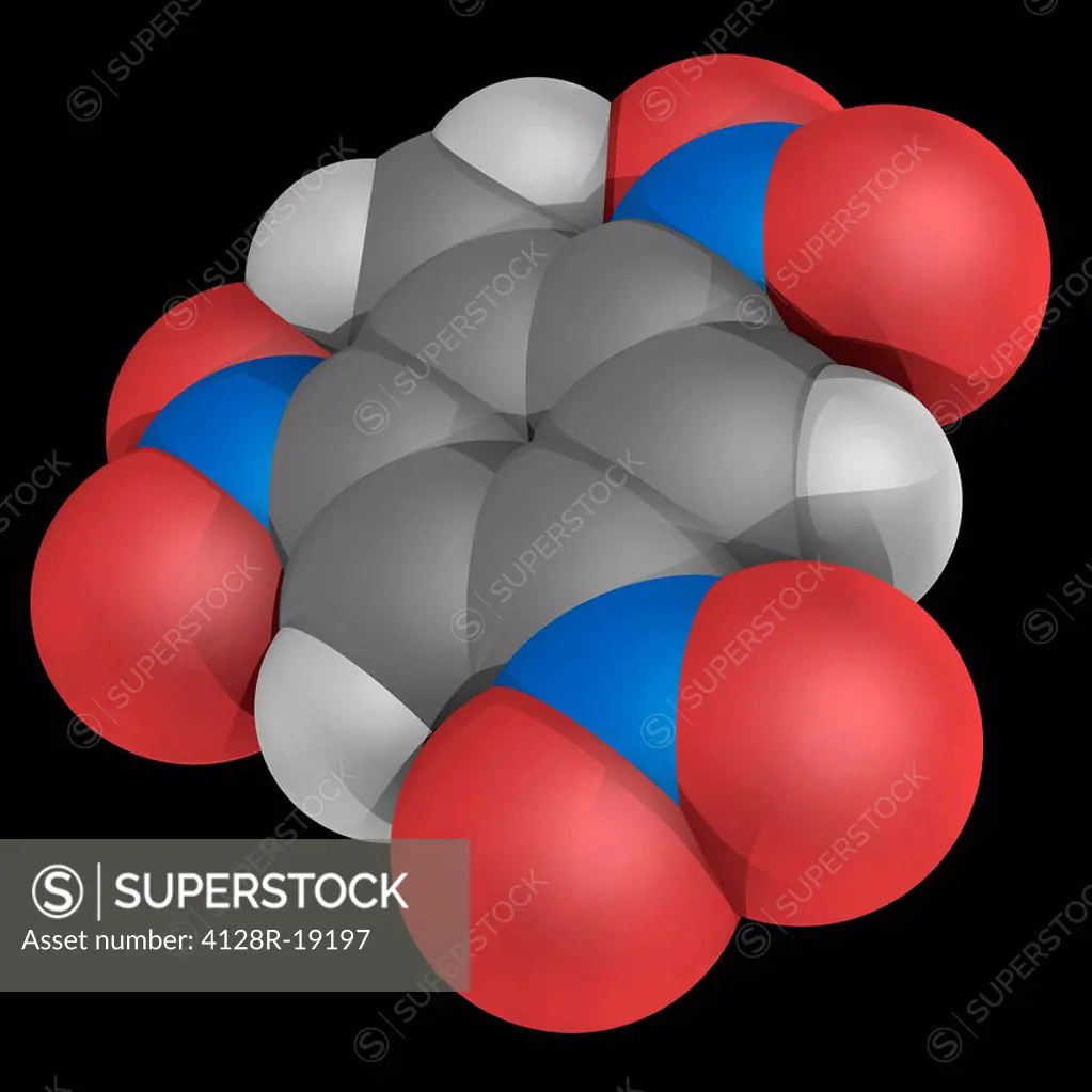 Trinitrotoluene TNT, molecular model. Organic compound, one of the most commonly used explosives. Atoms are represented as spheres and are colour_code...