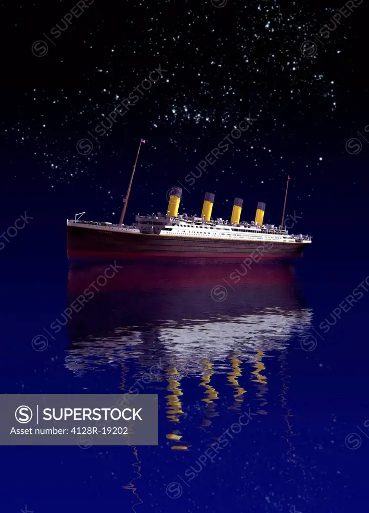 Titanic. Computer artwork of RMS Titanic at sea at night. The Titanic was the largest ocean liner ever built at the time, and was reputed to be unsink...