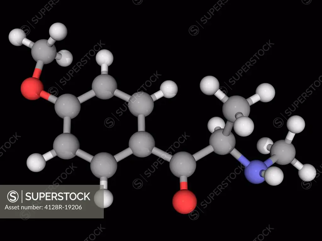 Methoxyphedrine methedrone , molecular model. Stimulant and entactogen drug of the phenethylamine, amphetamine, and cathinone classes. Atoms are repre...