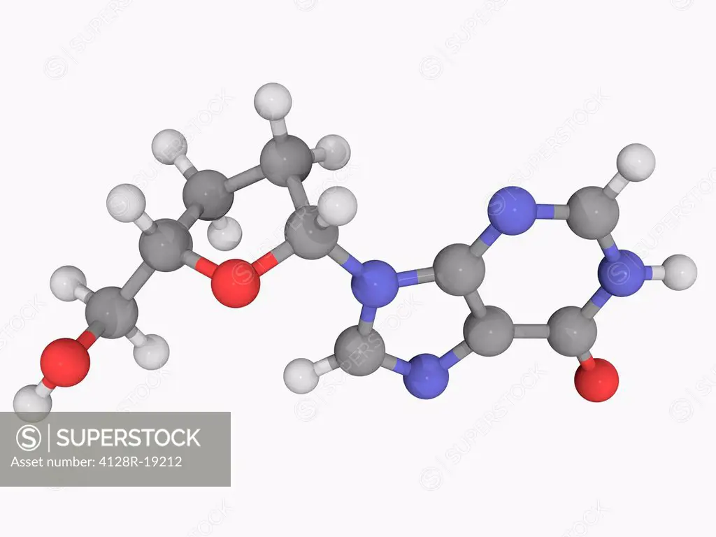 Didanosine, molecular model. Reverse transcriptase inhibitor used in the treatment of HIV. Atoms are represented as spheres and are colour_coded: carb...