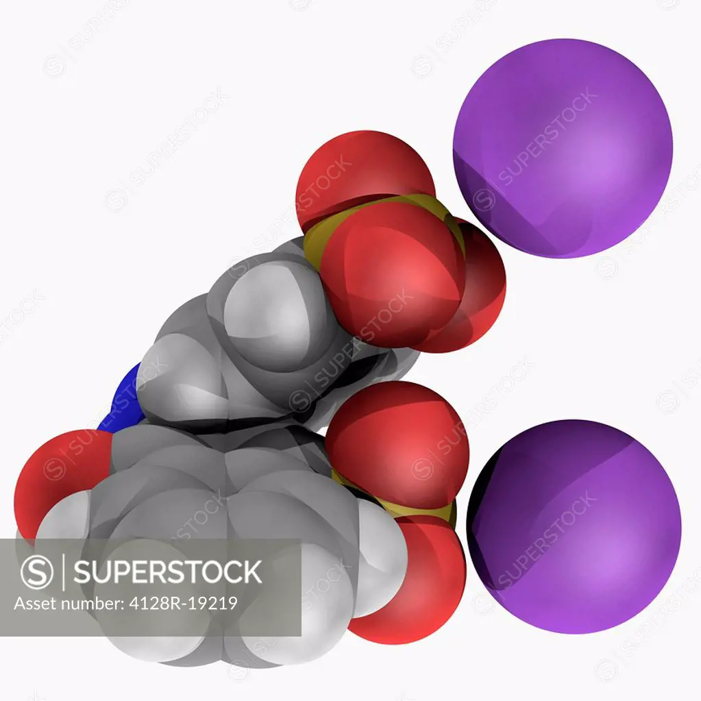 Azorubine, molecular model. Synthetic red food dye. Atoms are represented as spheres and are colour_coded: carbon grey, hydrogen white, nitrogen blue,...