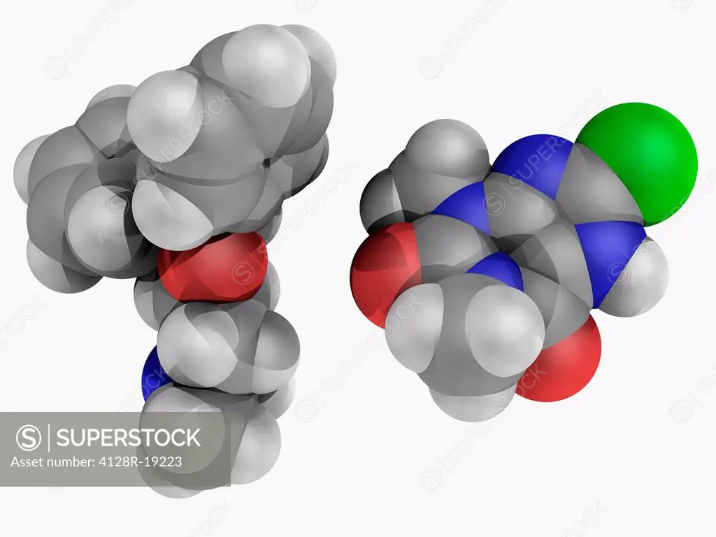Dimenhydrinate, molecular model. Over_the_counter drug used to prevent nausea and motion sickness. Abused for non_medical purposes. Atoms are represen...