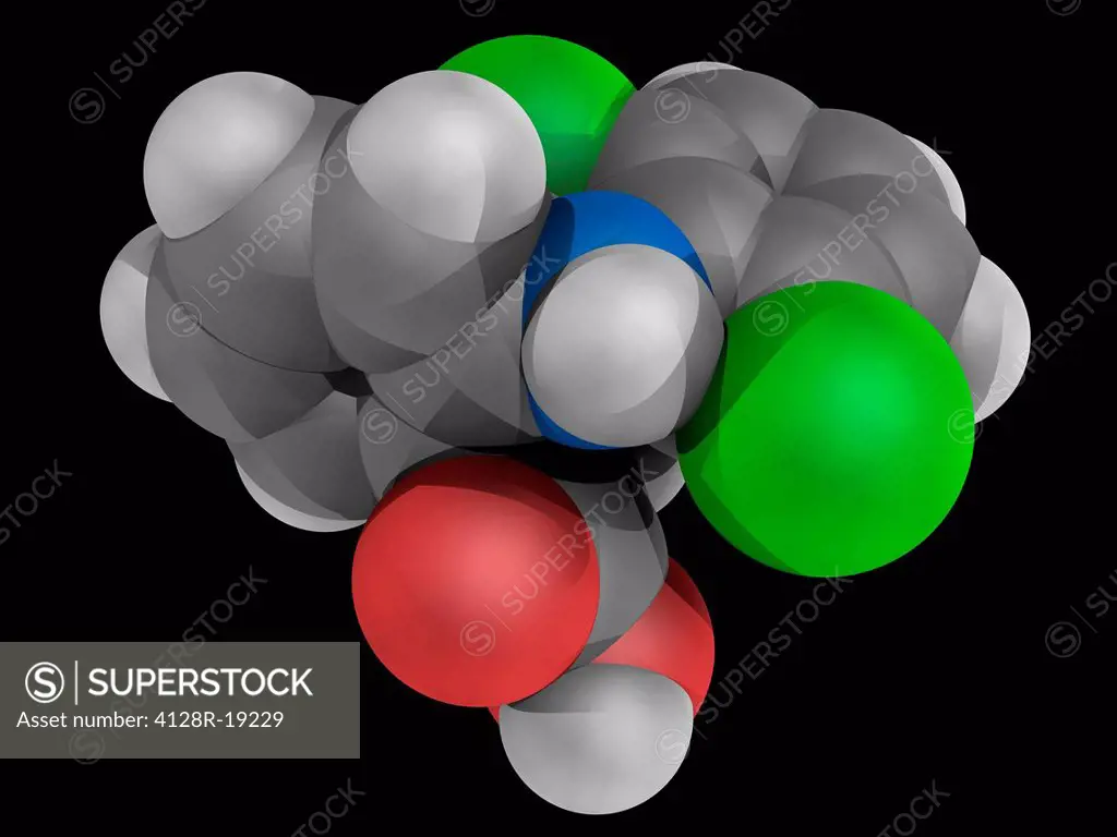 Dicofenac, molecular model. Non_steroidal anti_inflammatory drug used in the treatment of pain, inflammatory disorders, and dysmenorrhea. Atoms are re...