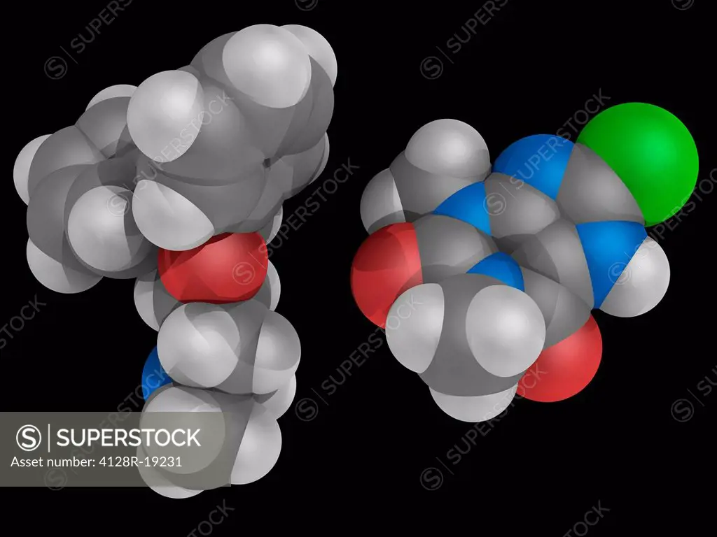Dimenhydrinate, molecular model. Over_the_counter drug used to prevent nausea and motion sickness. Abused for non_medical purposes. Atoms are represen...