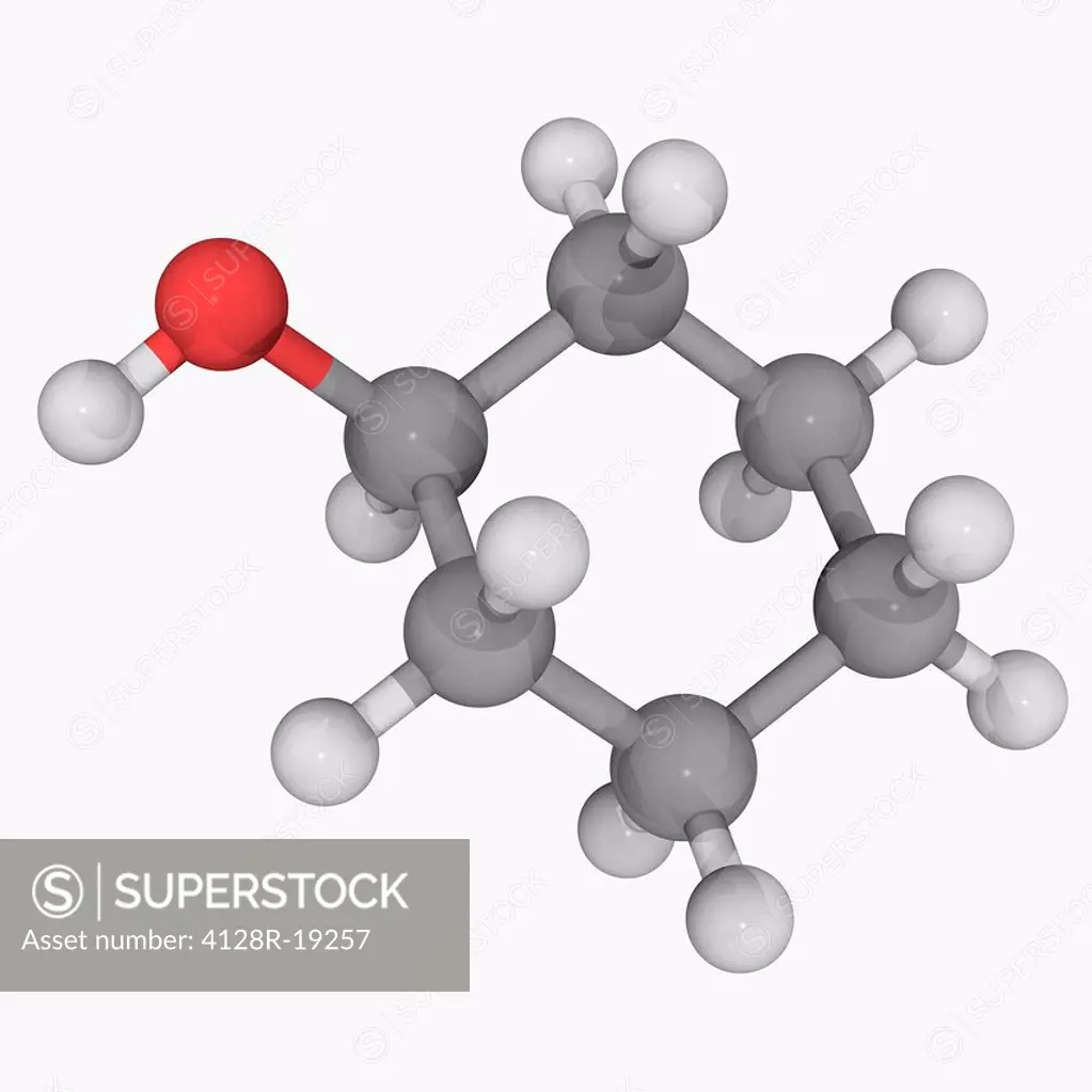 Cyclohexanol, molecular model. Organic compound, deliquescent colourless solid, precursor to nylon. Atoms are represented as spheres and are colour_co...