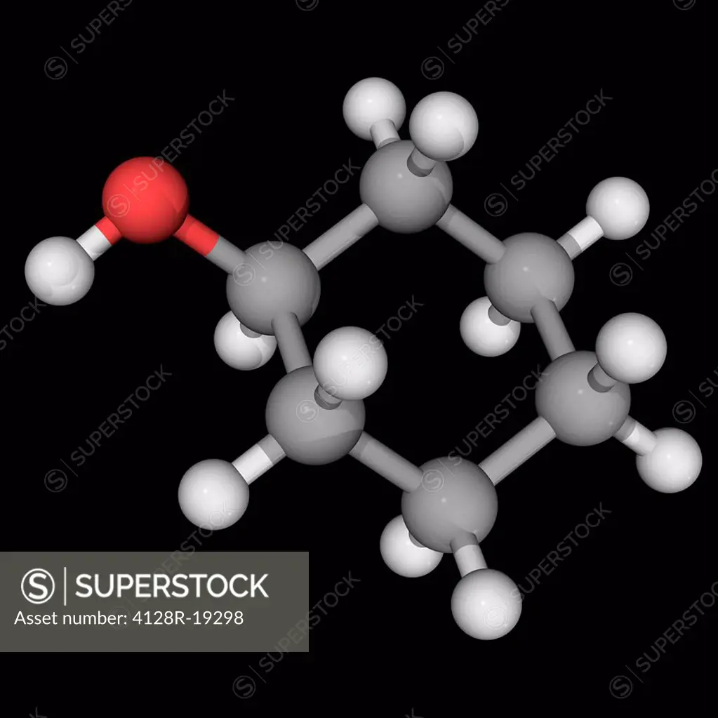 Cyclohexanol, molecular model. Organic compound, deliquescent colourless solid, precursor to nylon. Atoms are represented as spheres and are colour_co...