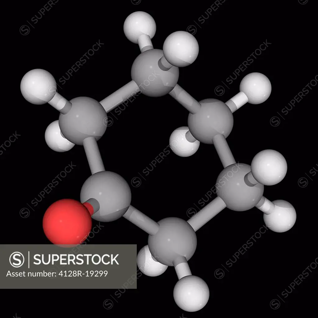 Cyclohexanone, molecular model. Organic compound, colourless oil, precursor to nylon. Atoms are represented as spheres and are colour_coded: carbon gr...