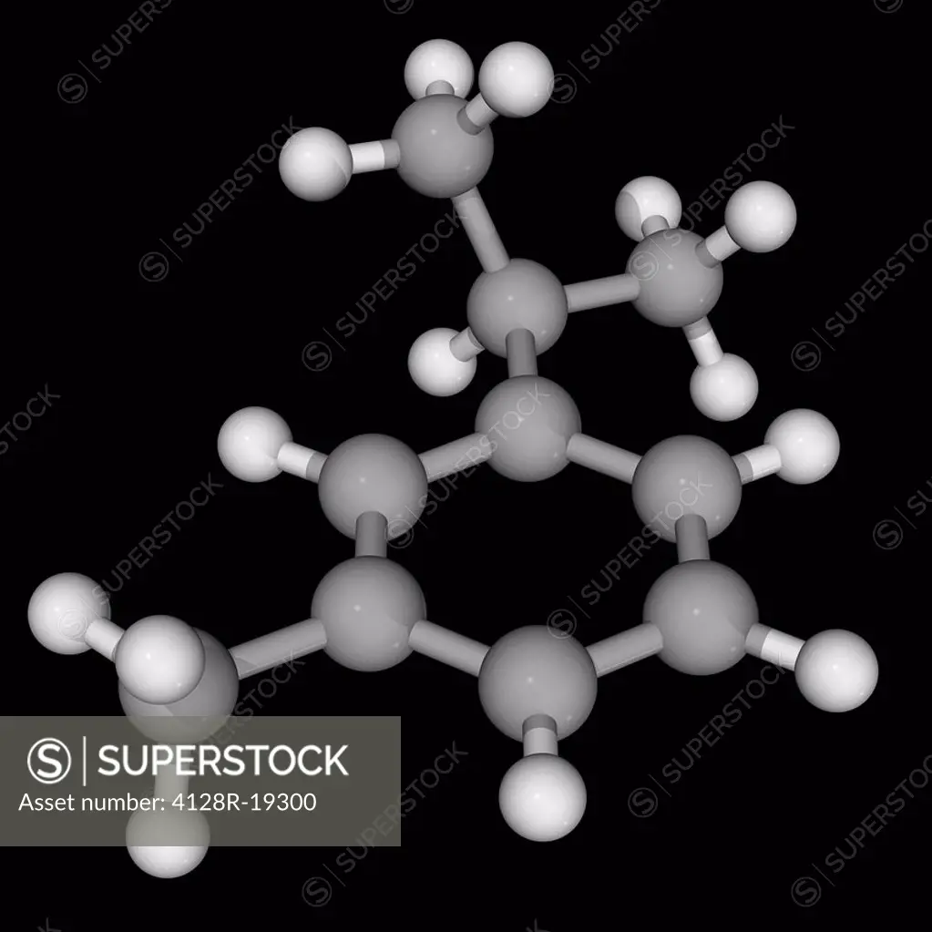 Cymene, molecular model. Aromatic organic compound, constituent of many essential oils. Atoms are represented as spheres and are colour_coded: carbon ...