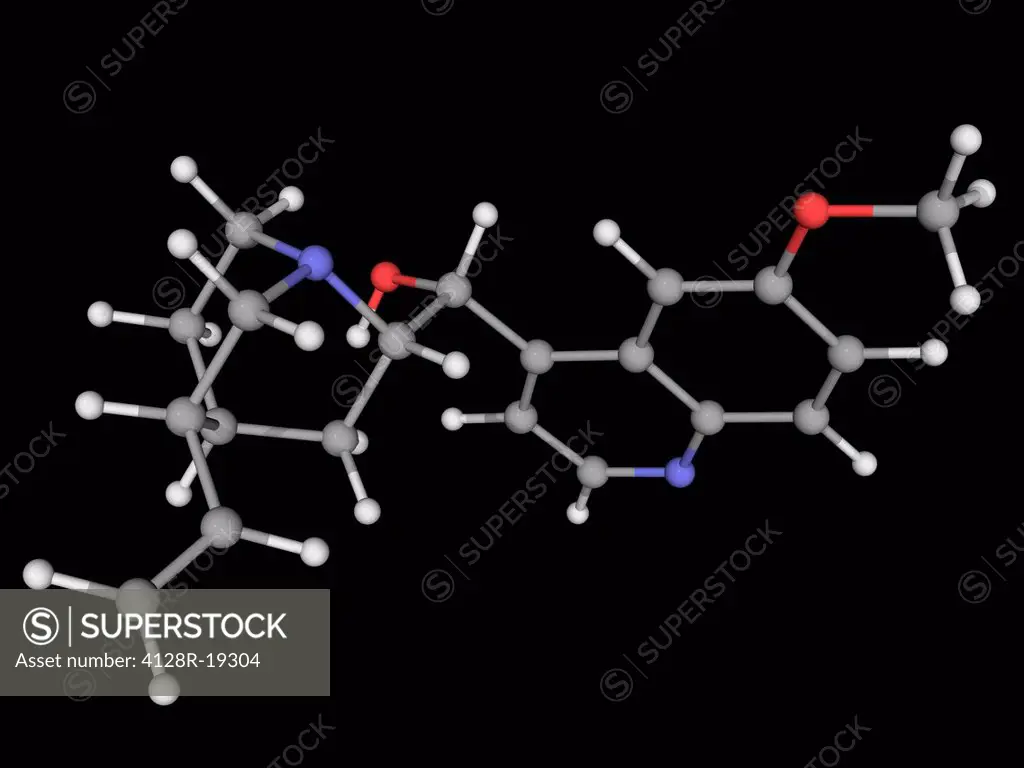 Quinine, molecular model. Natural alkaloid with antipyretic, antimalarial, analgesic and anti_inflammatory properties. Atoms are represented as sphere...