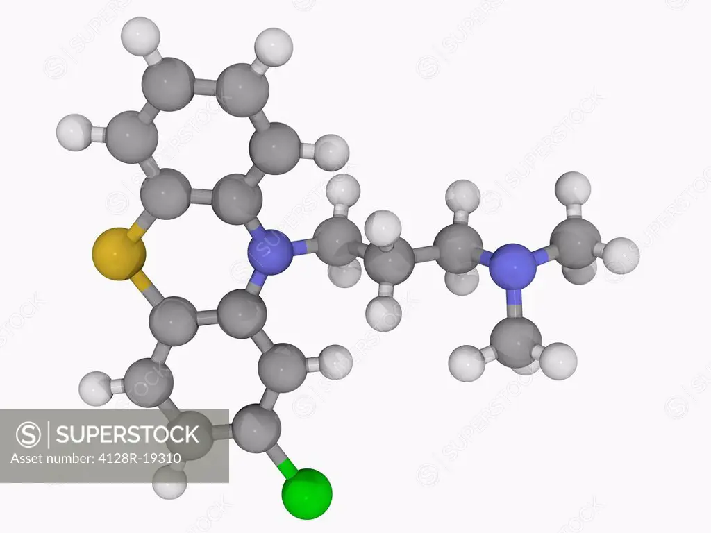 Chlorpromazine, molecular model. First drug with specific antipsychotic action. Atoms are represented as spheres and are colour_coded: carbon grey, hy...