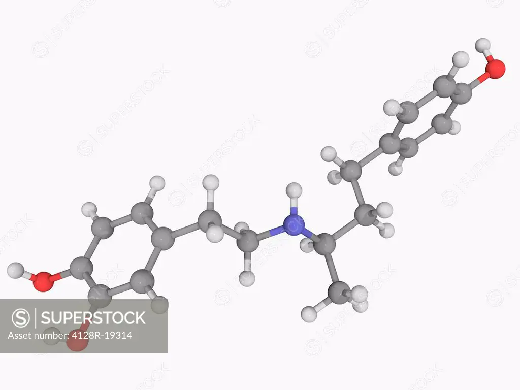 Dobutamine, molecular model. Sympathomimetic drug used in the treatment of heart failure and cardiogenic shock. Atoms are represented as spheres and a...
