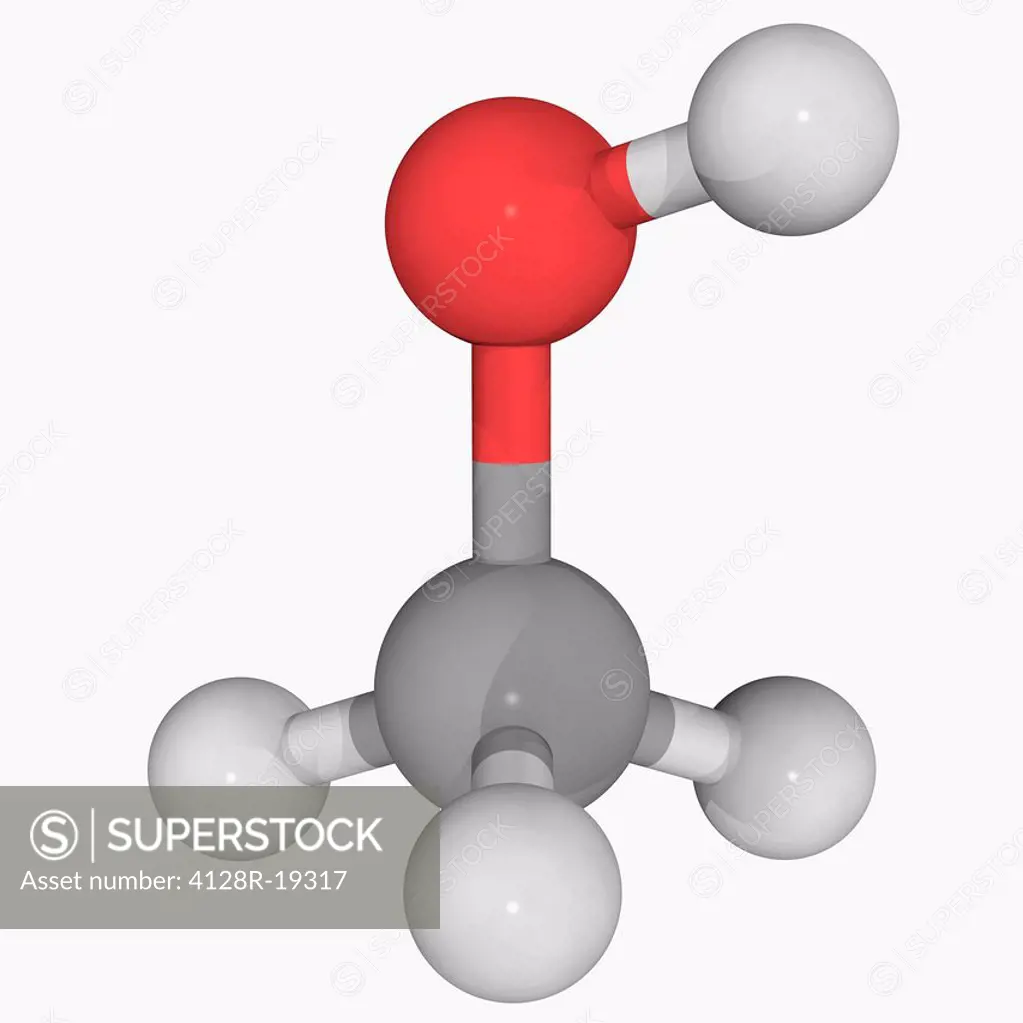 Methanol methyl alcohol, molecular model. Organic compound, light, volatile colourless and flammable liquid. Used as an antifreeze, solvent, fuel and ...