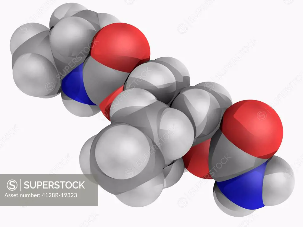 Carisoprodol, molecular model. Drug used as centrally_acting muscle relaxant. Atoms are represented as spheres and are colour_coded: carbon grey, hydr...