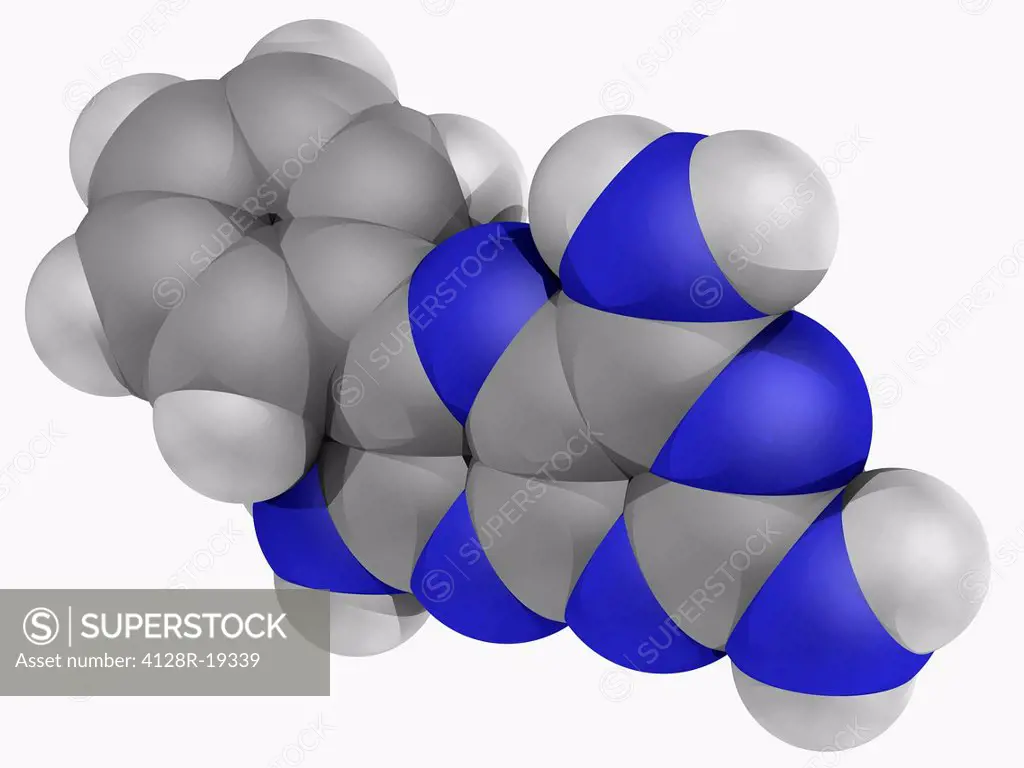 Triamterene, molecular model. Diuretic used for the treatment of hypertension and edema. Atoms are represented as spheres and are colour_coded: carbon...
