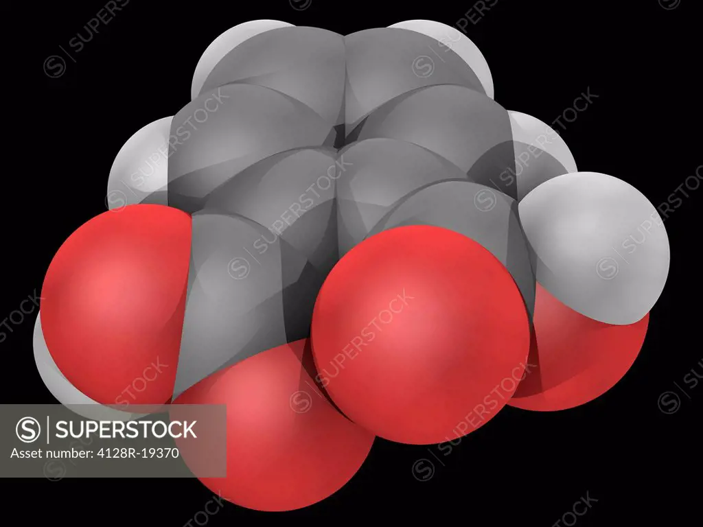 Phtalic acid, molecular model. Aromatic dicarboxylic acid. Atoms are represented as spheres and are colour_coded: carbon grey, hydrogen white and oxyg...