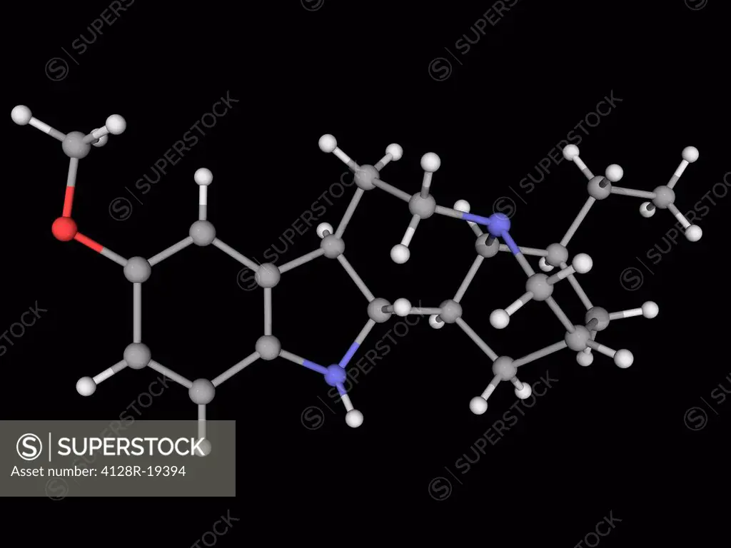 Ibogaine, molecular model. Naturally occurring psychoactive substance found in a number of plants. Atoms are represented as spheres and are colour_cod...
