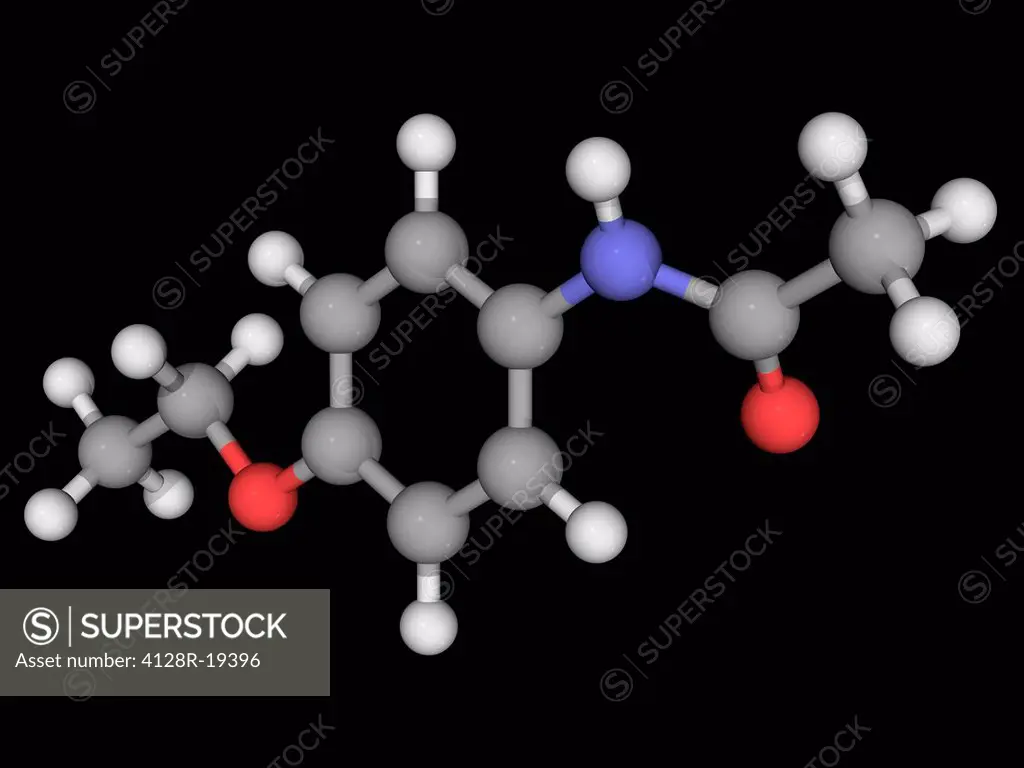 Phenacetin, molecular model. Analgesic whose use has declined because of adverse effects. Atoms are represented as spheres and are colour_coded: carbo...