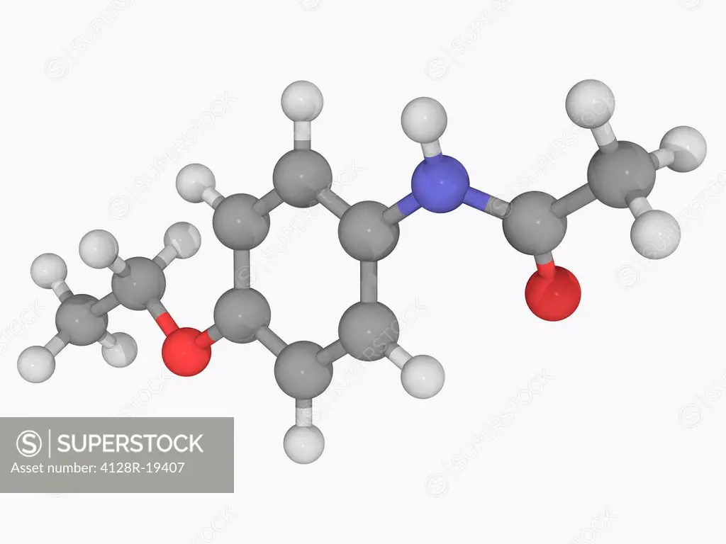 Phenacetin, molecular model. Analgesic whose use has declined because of adverse effects. Atoms are represented as spheres and are colour_coded: carbo...