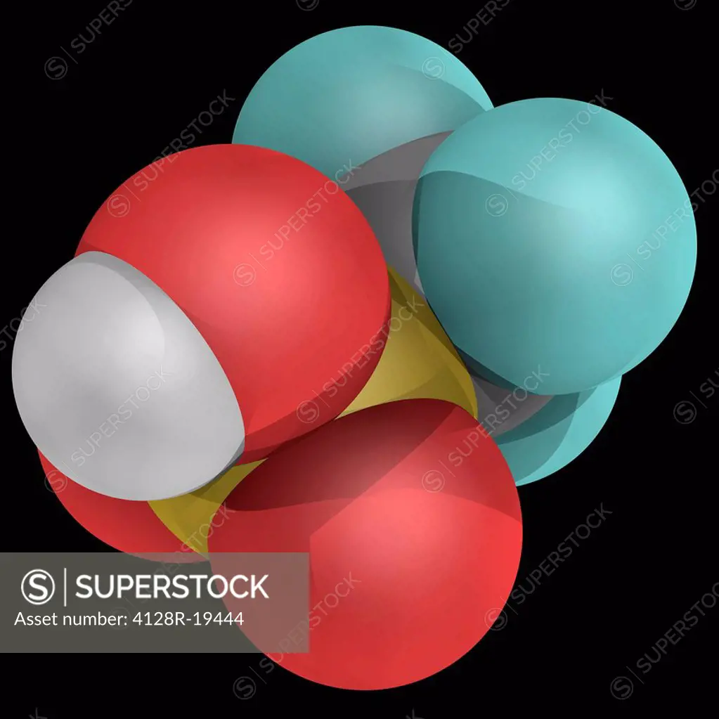 Trifluoromethanesulfonic acid, molecular model. One of the strongest acids, mainly used in research as a catalyst for esterefication. Atoms are repres...