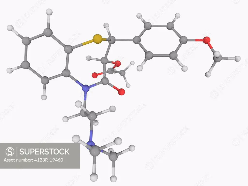 Diltiazem, molecular model. Calcium channel blocker used in the treatment of hypertension, angina pectoris, and some types of arrthymia. Atoms are rep...