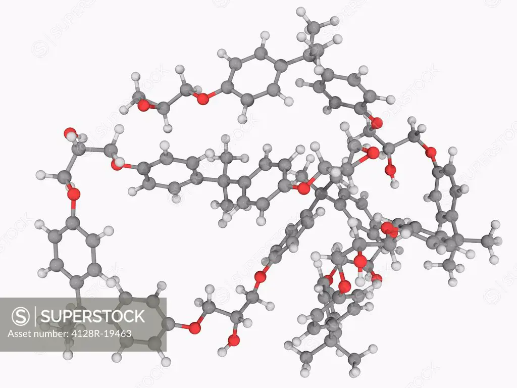Epoxy polyepoxide, molecular model. Thermosetting epoxide resin that polymerises and crosslinks when mixed with a polyamine hardener . Atoms are repre...