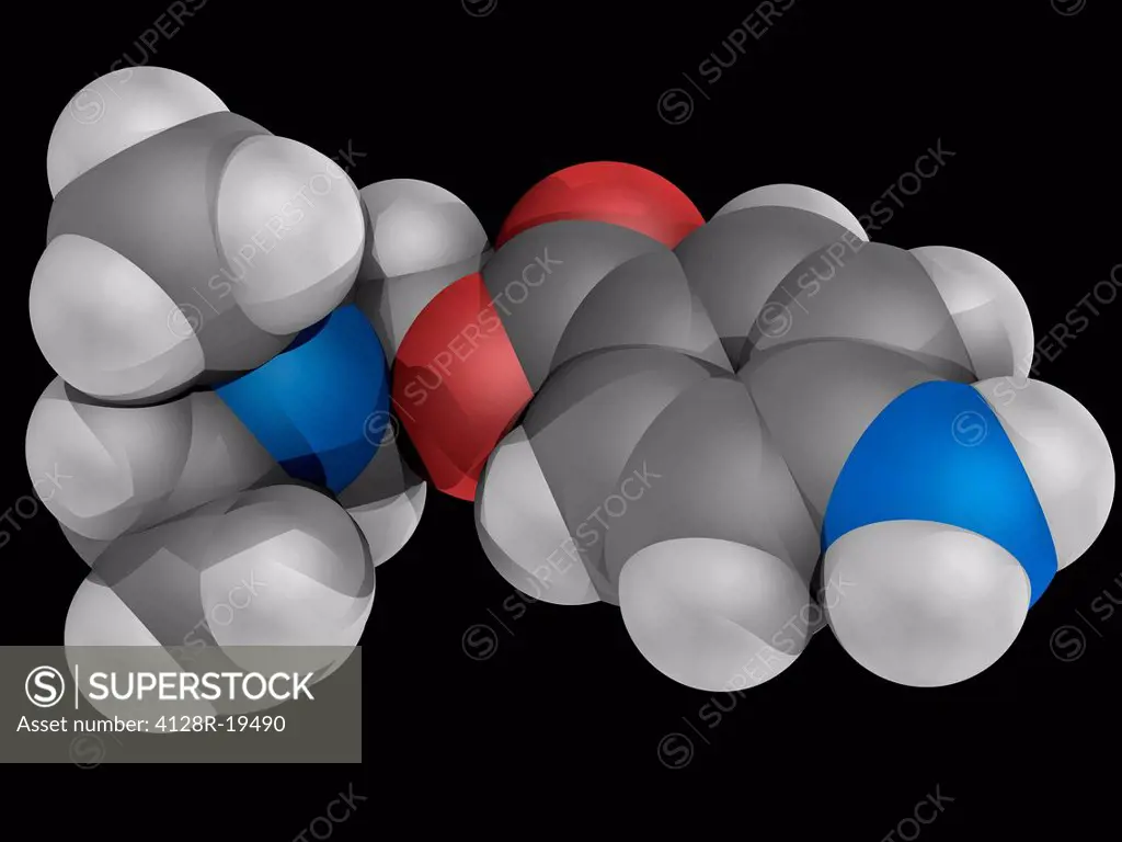 Procaine novocaine, molecular model. Local aesthetic drug acting as a sodium channel blocker. Atoms are represented as spheres and are colour_coded: c...