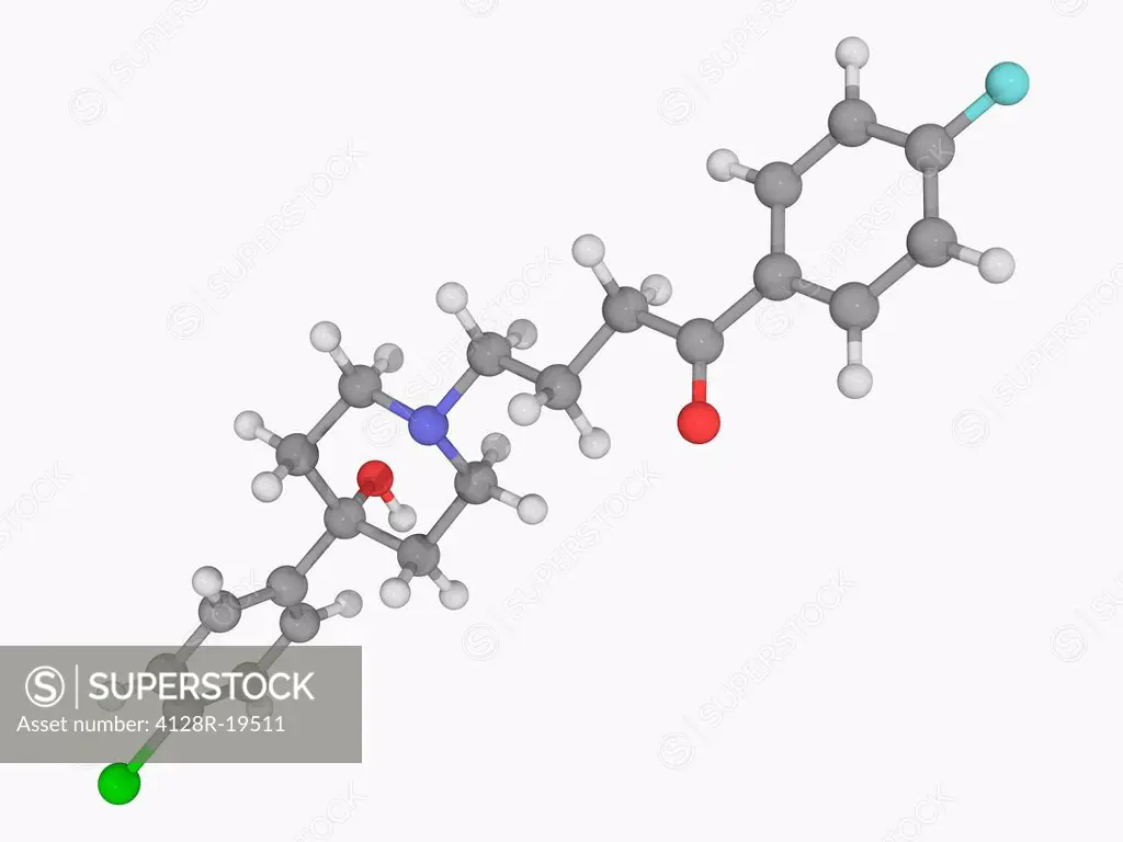 Haloperidol, molecular model. Older antipsychotic used in the treatment of schizophrenia, acute psychotic states and delirium. Atoms are represented a...