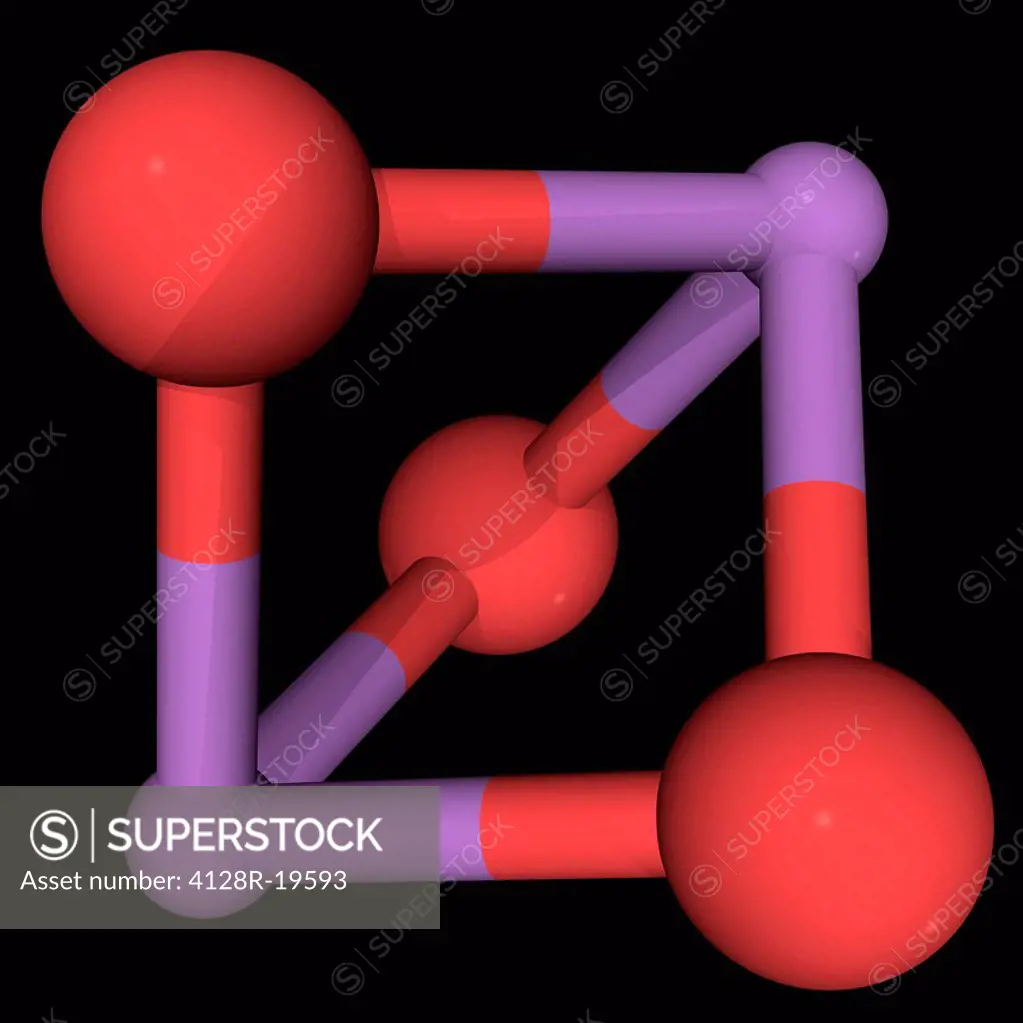 Arsenic trioxide, molecular model. Precursor to arsenic compounds, including organoarsenic compounds. Atoms are represented as spheres and are colour_...