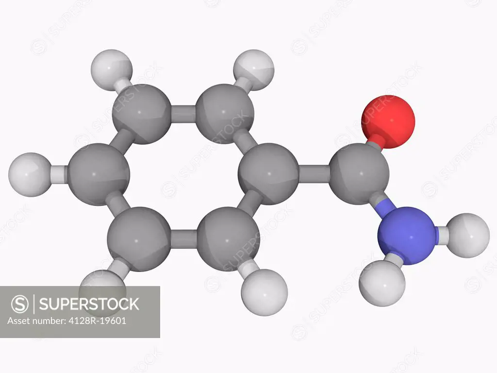 Benzamide, molecular model. Organic compound, derivative of benzoic acid. Atoms are represented as spheres and are colour_coded: carbon grey, hydrogen...