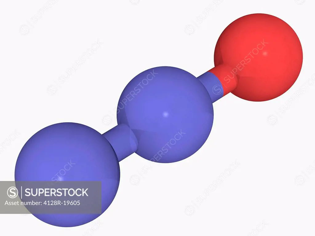 Nitrous oxide laughing gas, molecular model. Colourless non_flammable gas used in surgery and dentistry for its aesthetic and analgesic effects. Atoms...