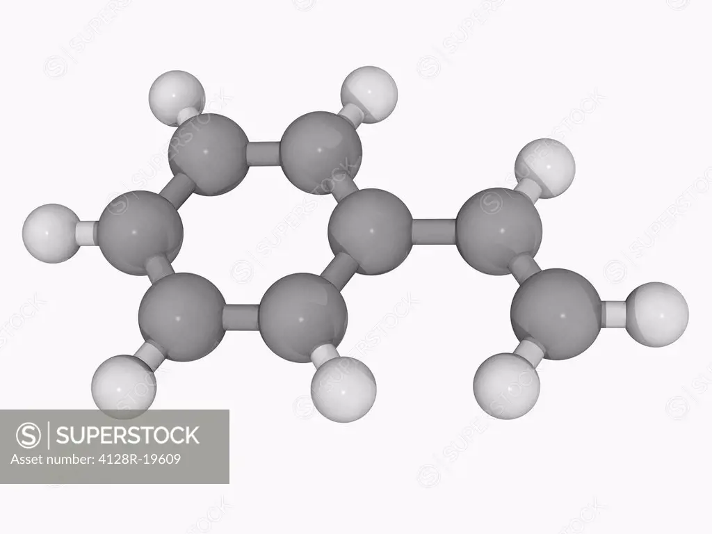 Styrene, molecular model. Colourless oily liquid which is used as a precursor to polystyrene. Atoms are represented as spheres and are colour_coded: c...
