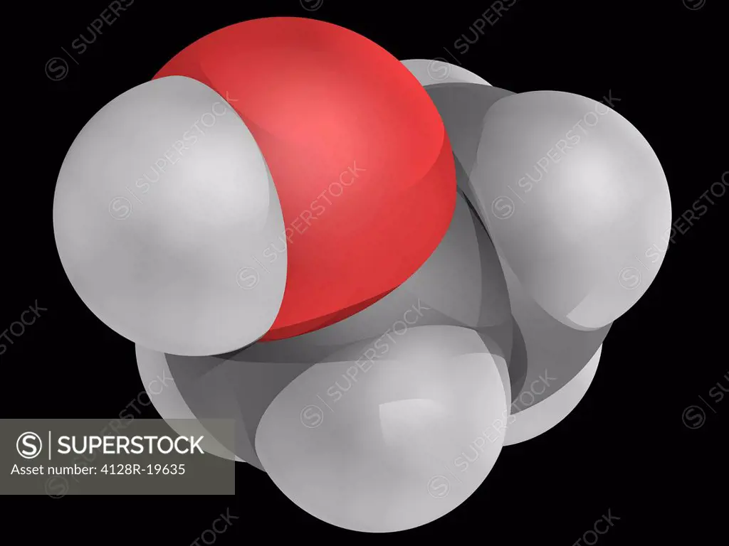 Ethanol ethyl alcohol, molecular model. Psychoactive drug found in alcoholic beverages. Atoms are represented as spheres and are colour_coded: carbon ...