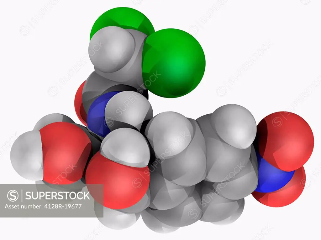 Chloramphenicol, molecular model. Broad_spectrum antibiotic, drug of choice in the third world. Atoms are represented as spheres and are colour_coded:...