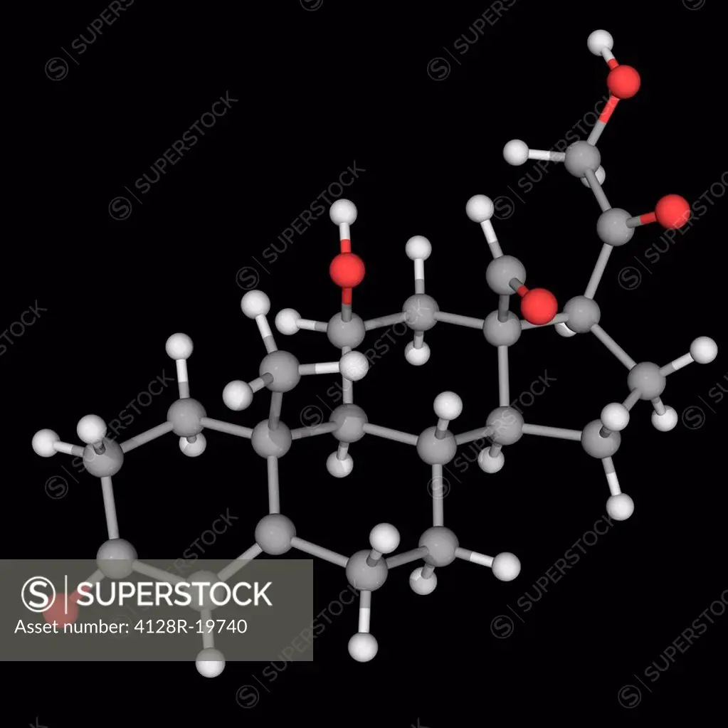 Hydrocortisone cortisol, molecular model. Steroid hormone produced by the adrenal gland. Atoms are represented as spheres and are colour_coded: carbon...