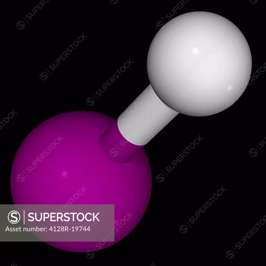 Hydroiodic acid, molecular model. Strong acid used in organic and inorganic synthesis as a primary source of iodine. Atoms are represented as spheres ...