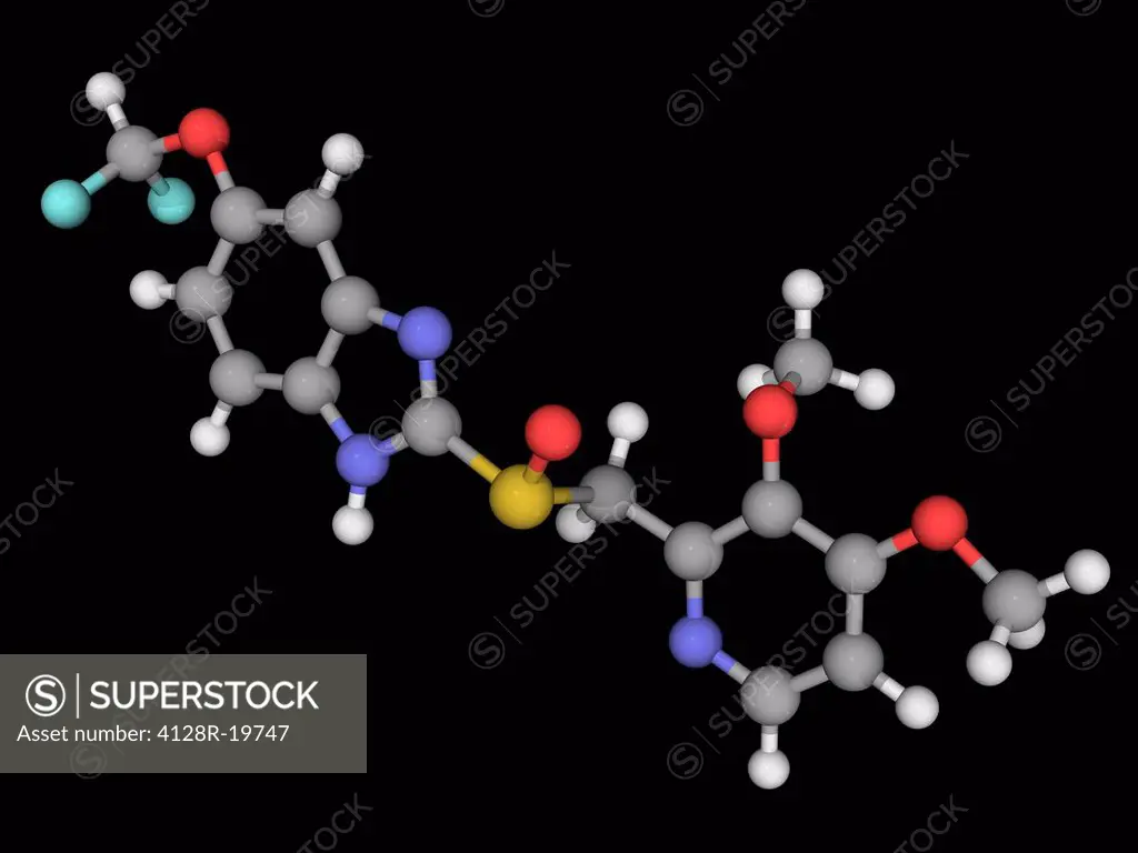 Pantoprazole, molecular model. Drug acting as a proton pump inhibitor for treating gastroesophageal reflux disease. Atoms are represented as spheres a...