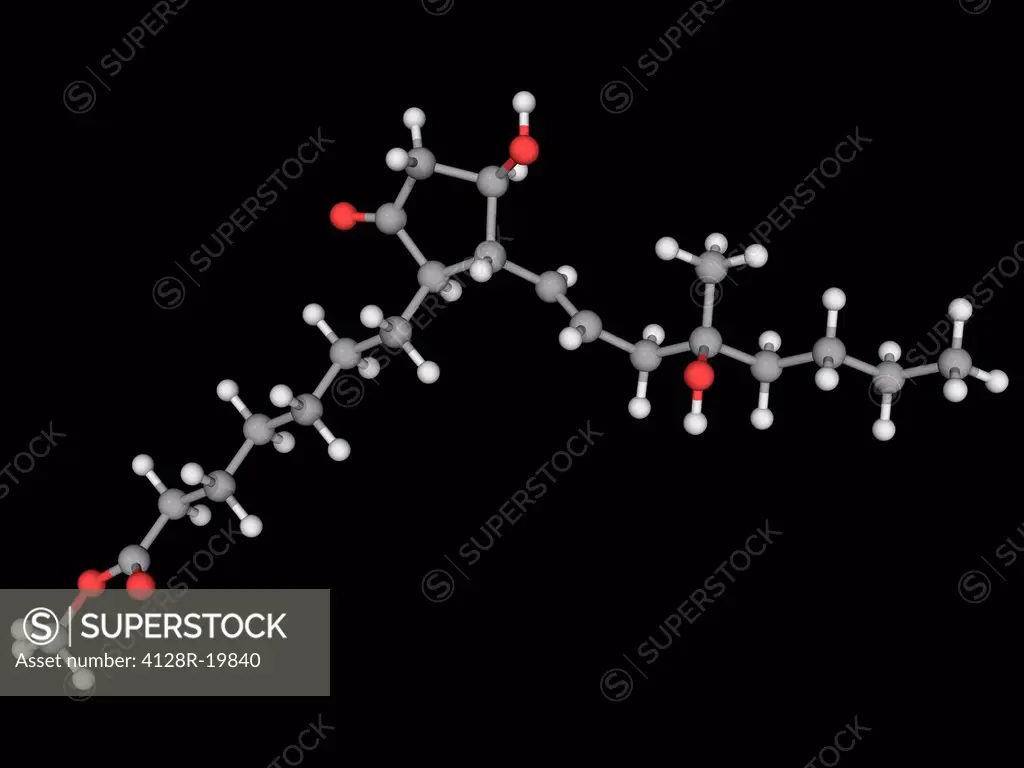 Misoprostol, molecular model. Drug used for the prevention of gastric ulcers induced by non_steroidal anti_inflammatory drugs. Atoms are represented a...