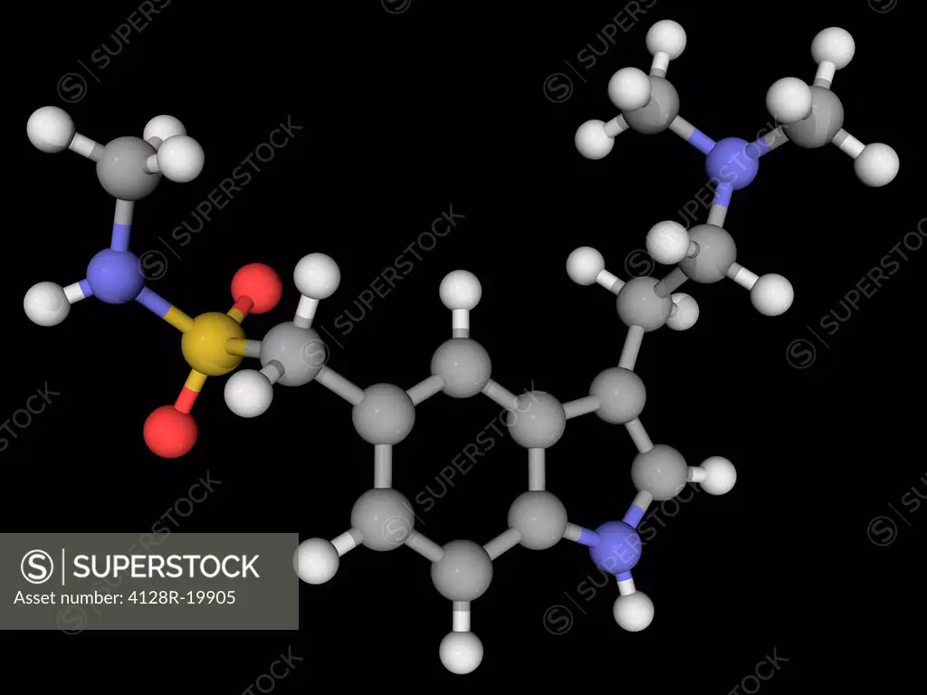 Sumatriptan, molecular model. Triptan sulfa drug used for the treatment of migraine headaches. Atoms are represented as spheres and are colour_coded: ...