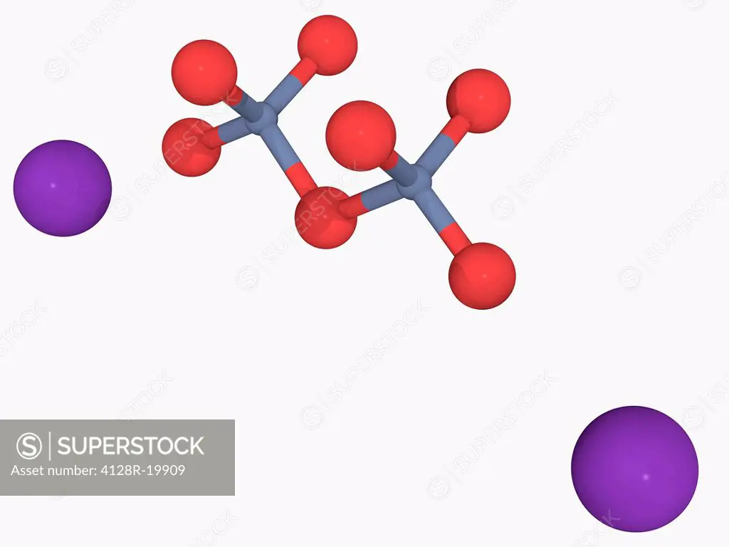 Potassium dichromate, molecular model. Red_orange chemical compound most commonly used as an oxidizing agent. Atoms are represented as spheres and are...