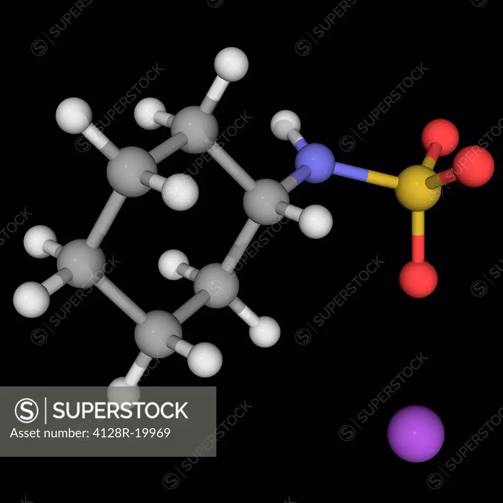 Sodium cyclamate, molecular model. Artificial sweetener. Atoms are represented as spheres and are colour_coded: carbon grey, hydrogen white, nitrogen ...