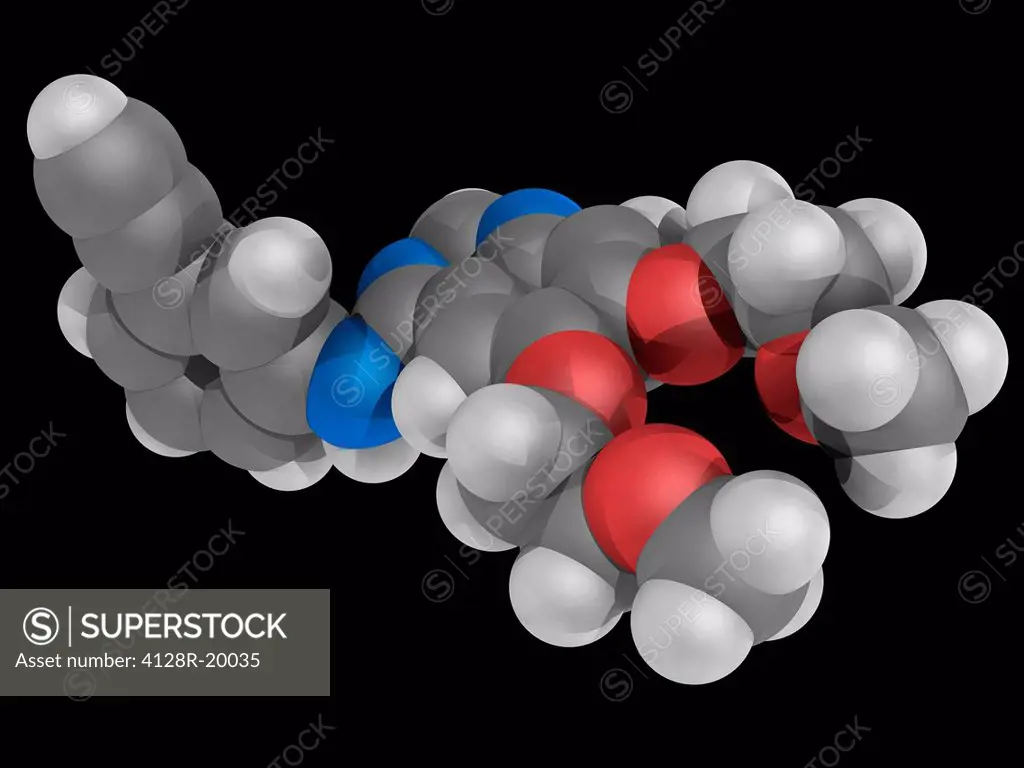 Erlotinib, molecular model. Drug used to treat non_small cell lung cancer, pancreatic cancer and other types of cancer. Atoms are represented as spher...
