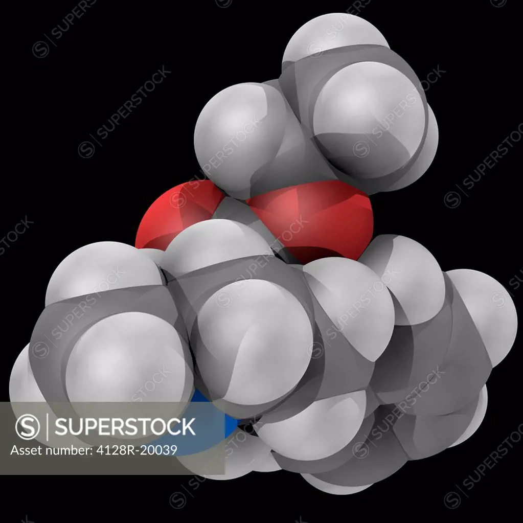 Meperidine pethidine, molecular model. Synthetic opioid for the treatment of moderate to severe pain. Atoms are represented as spheres and are colour_...