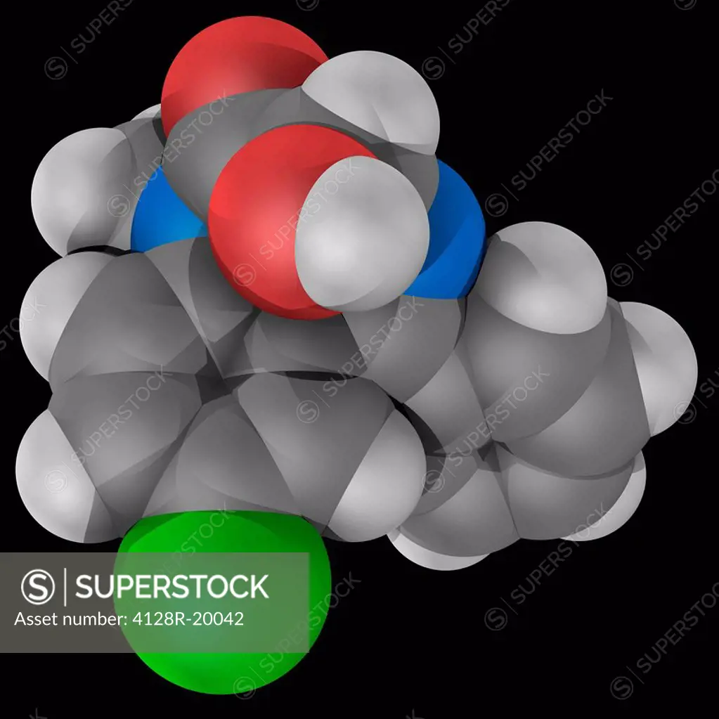 Temazepam, molecular model. Intermediate_acting 3_hydroxy hypnotic drug of the benzodiazepine class used to treat insomnia. Atoms are represented as s...
