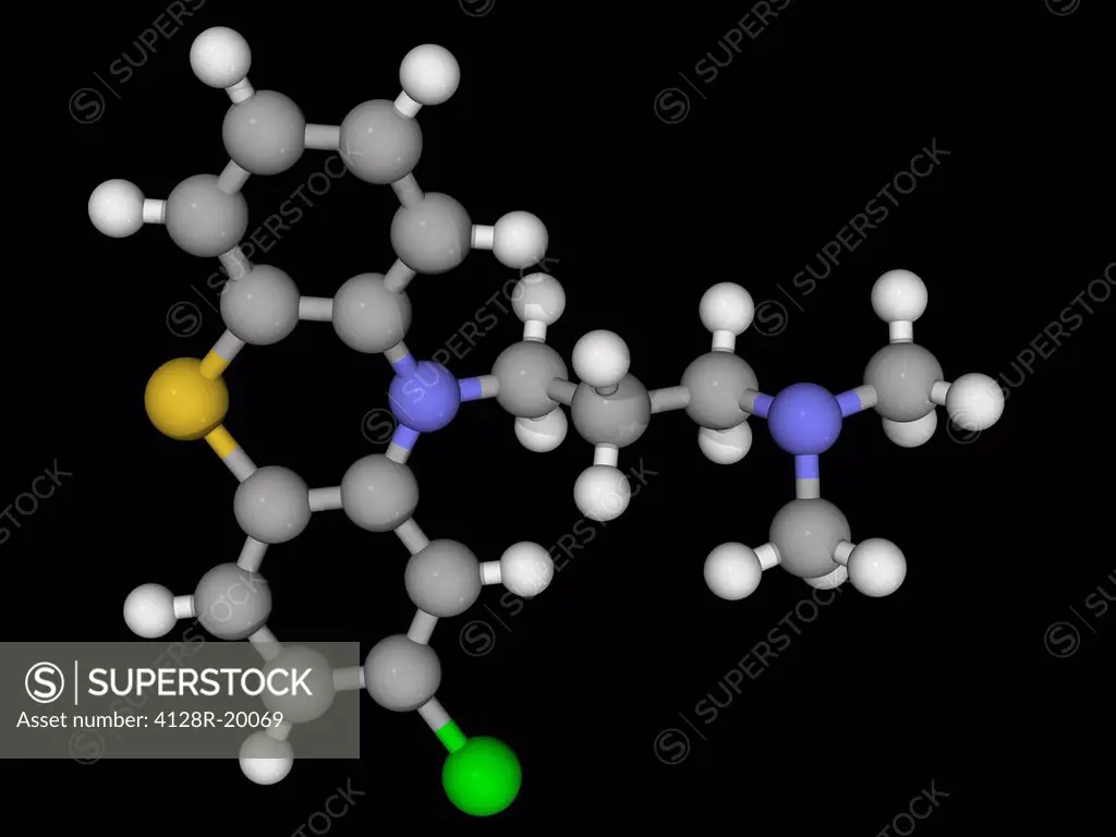 Chlorpromazine, molecular model. First drug with specific antipsychotic action. Atoms are represented as spheres and are colour_coded: carbon grey, hy...
