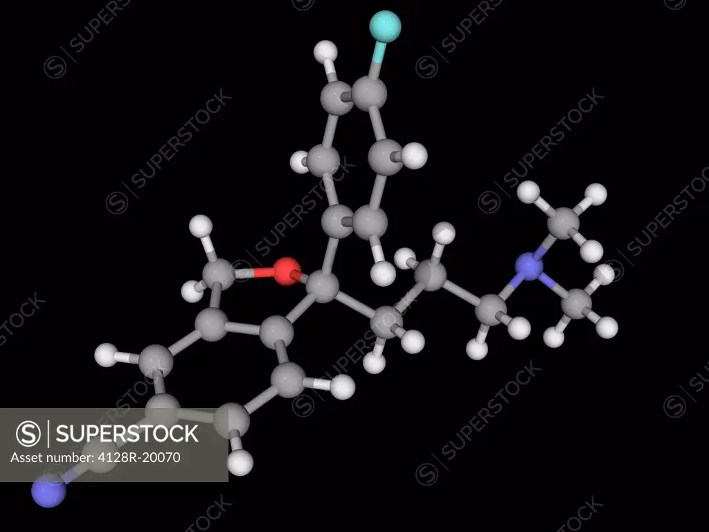 Escitalopram, molecular model. Antidepressant of the selective serotonin reuptake inhibitor class. Used in the treatment of major depressive disorder ...