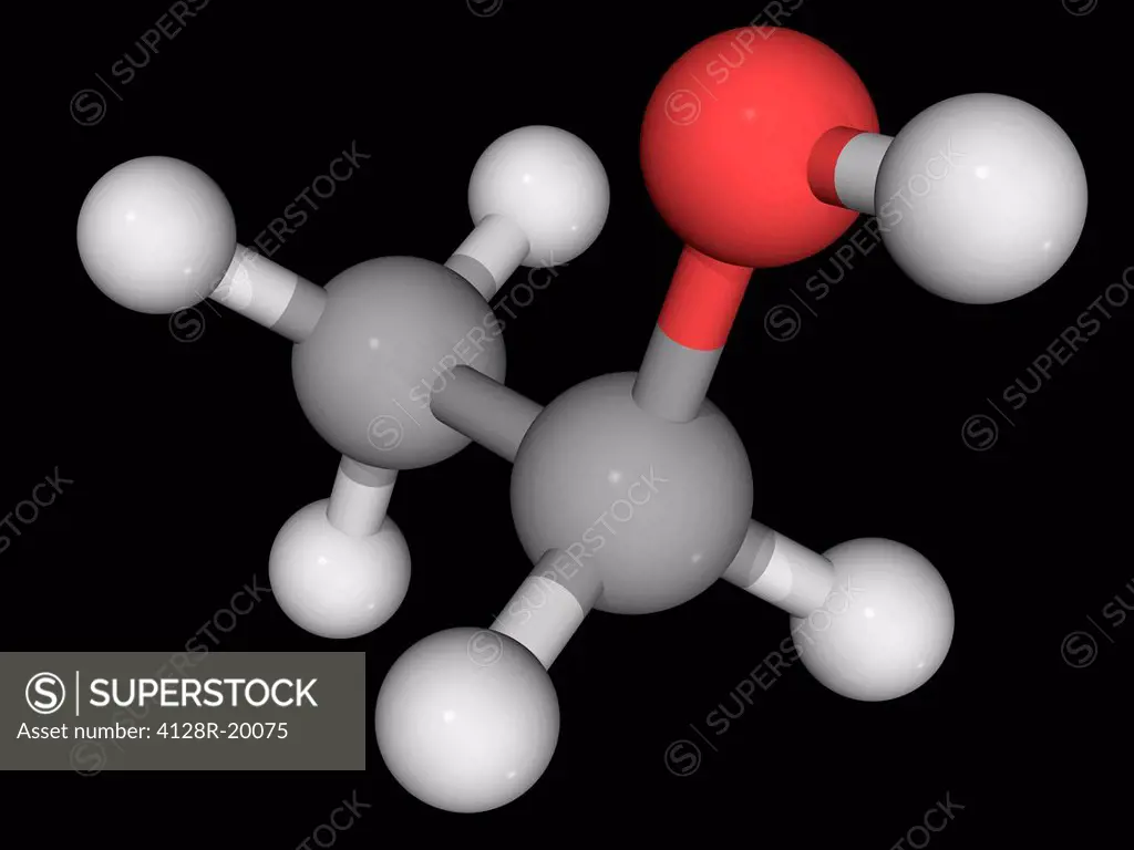 Ethanol ethyl alcohol, molecular model. Psychoactive drug found in alcoholic beverages. Atoms are represented as spheres and are colour_coded: carbon ...