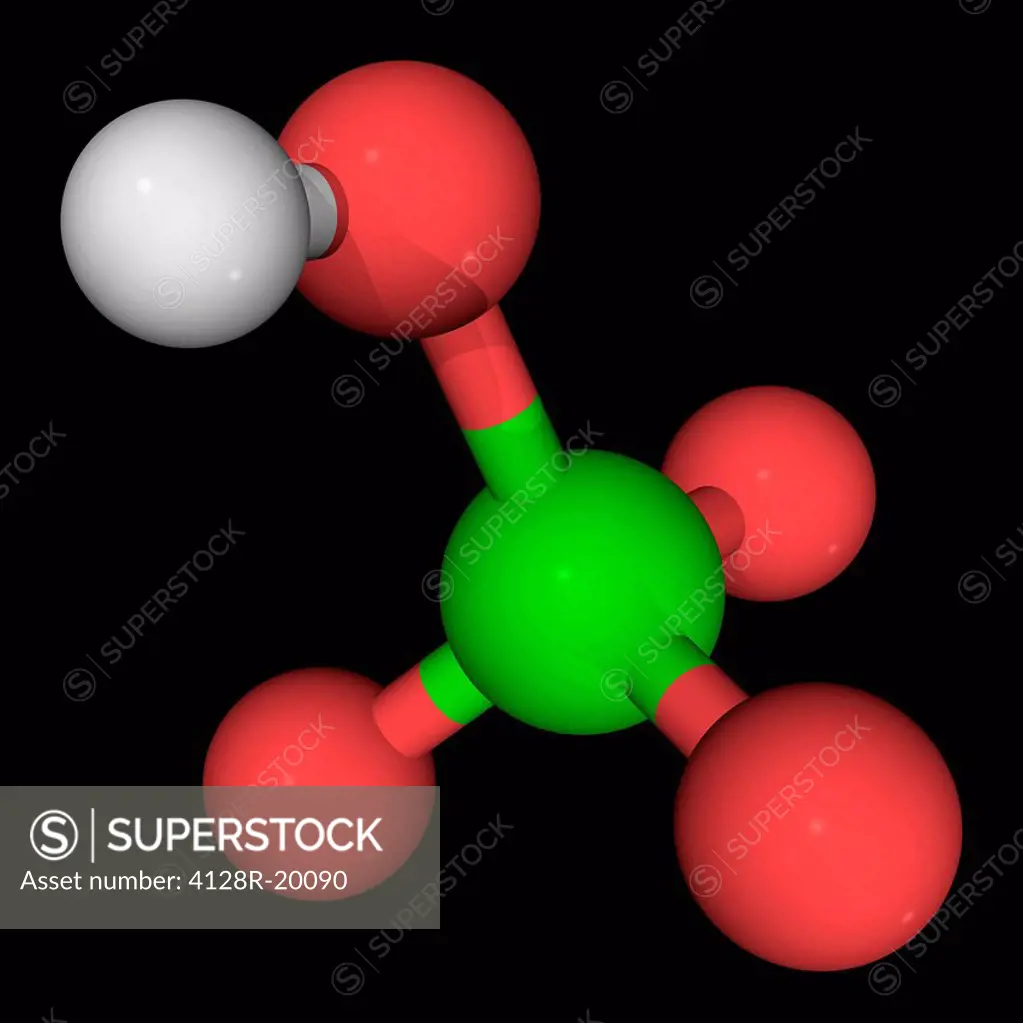 Perchloric acid, molecular model. Strong acid and powerful oxidizer. Mainly used as a precursor to ammonium perchlorate, a rocket fuel. Atoms are repr...