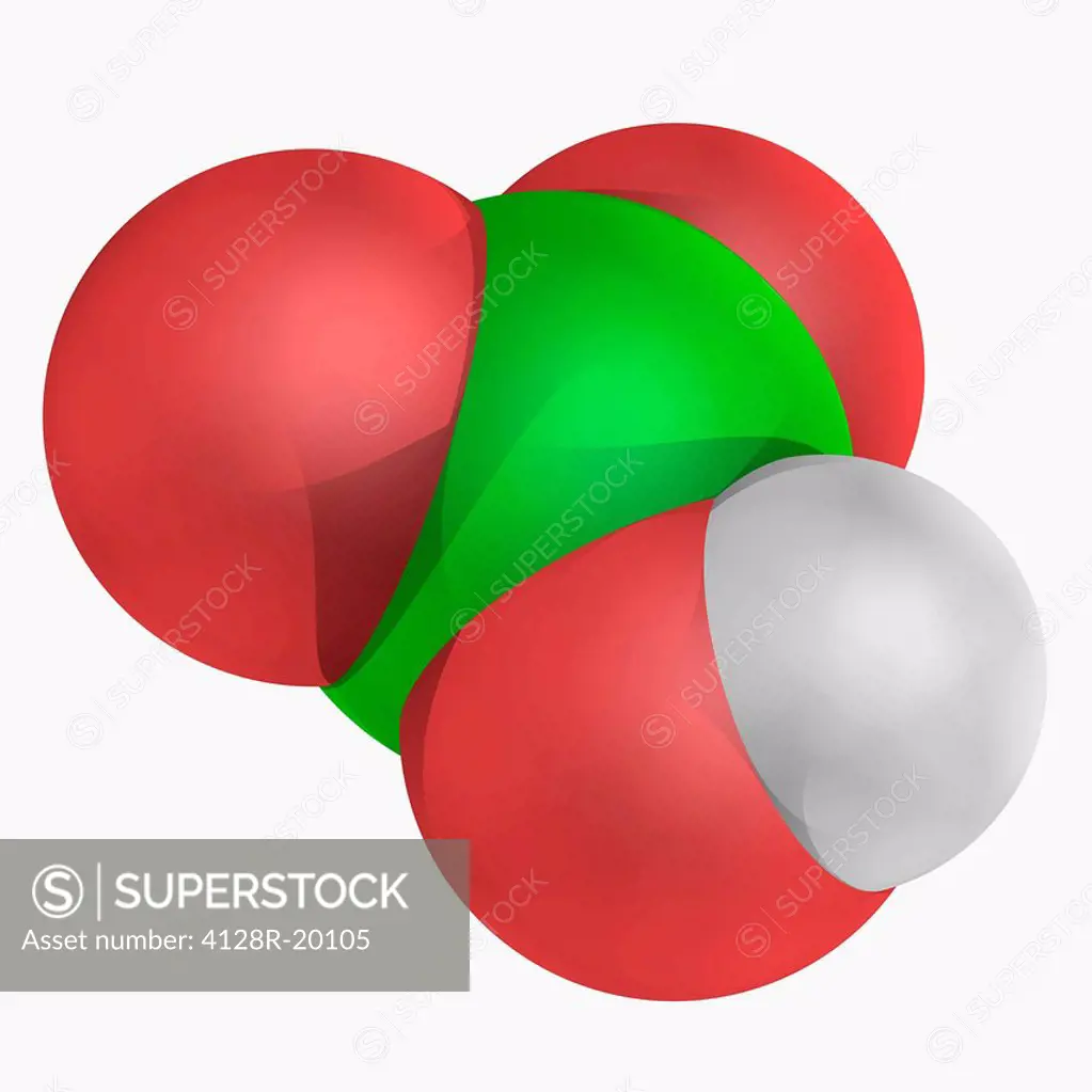 Chloric acid, molecular model. Strong acid and oxidizing agent. Atoms are represented as spheres and are colour_coded: hydrogen white, oxygen red and ...