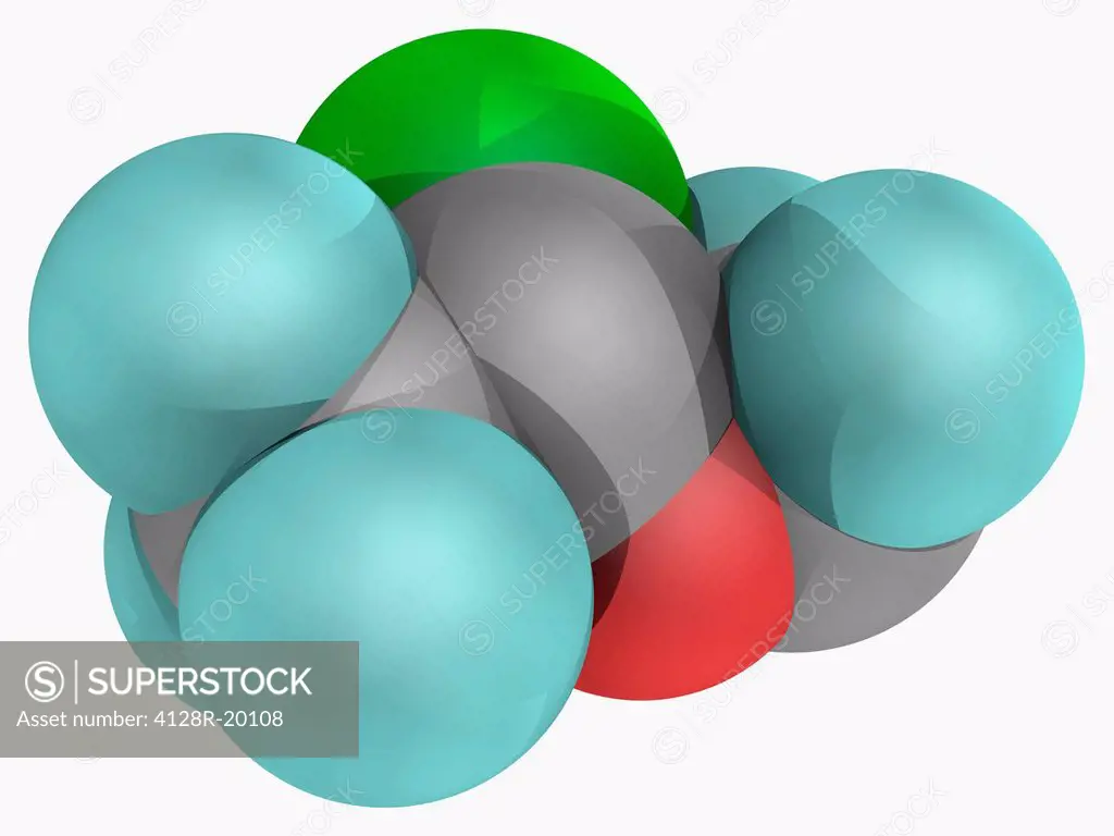 Isoflurane, molecular model. Halogenated ether used for inhalational anaesthesia. Atoms are represented as spheres and are colour_coded: carbon grey, ...